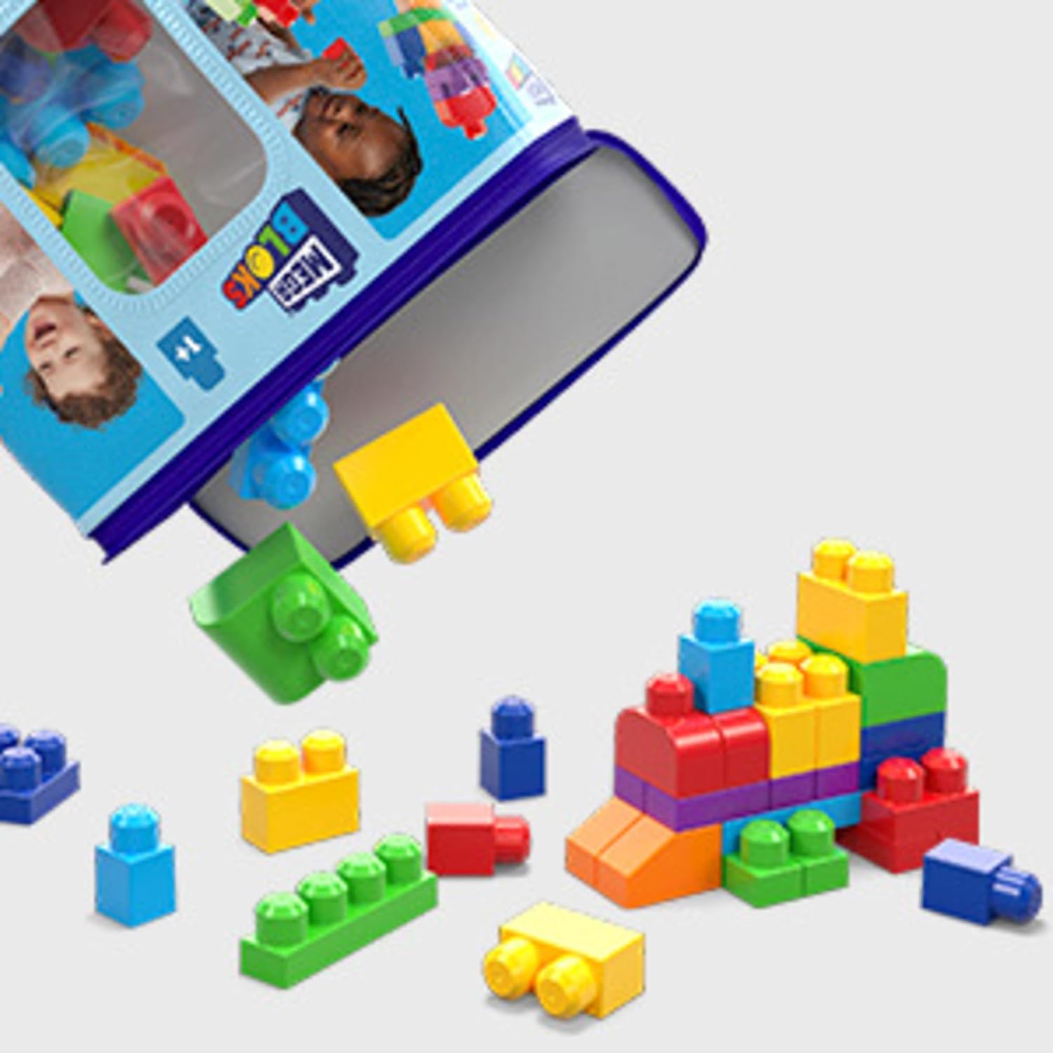 MEGA BLOKS, Sacola Azul com 60 Blocos de Montar Grandes e Coloridos, Conjunto de Brinquedo para Idades a partir de 1 ano