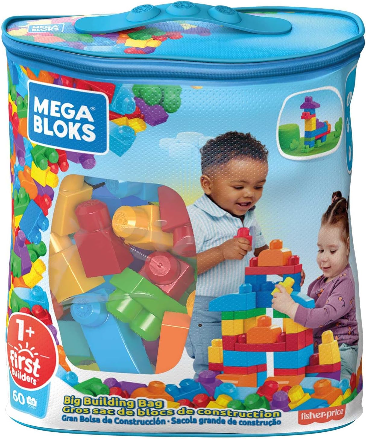 MEGA BLOKS, Sacola Azul com 60 Blocos de Montar Grandes e Coloridos, Conjunto de Brinquedo para Idades a partir de 1 ano